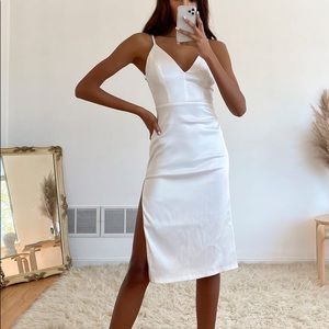 Lulu’s Stunning Sight White Embroidered Lace Satin Midi Dress NWT